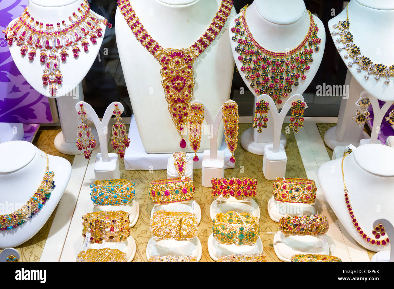 Closeup view of jewelry displayed in window boxes at the Gold Souq in Dubai, UAE Stock Photo Alamy