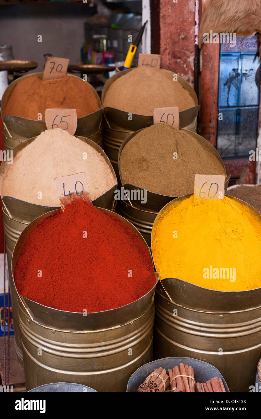 A selection of spices available at a spice stall. Marrakech, Morocco. Stock Photo