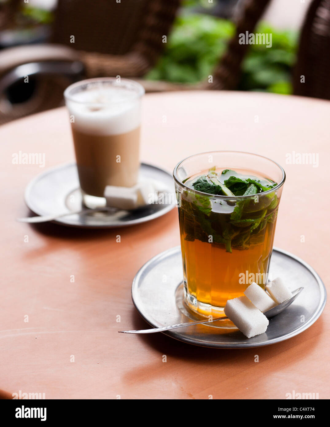 A traditional mint tea and white coffee, Marrakech, Morocco. Stock Photo