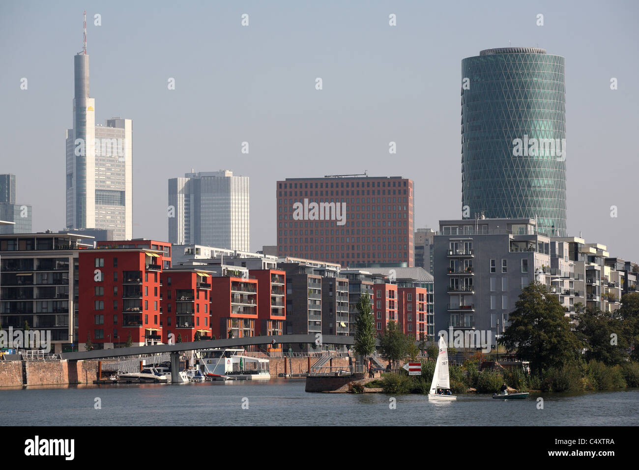 Residential buildings, Westhafen Tower and skyscrapers, Frankfurt am Main, Germany Stock Photo