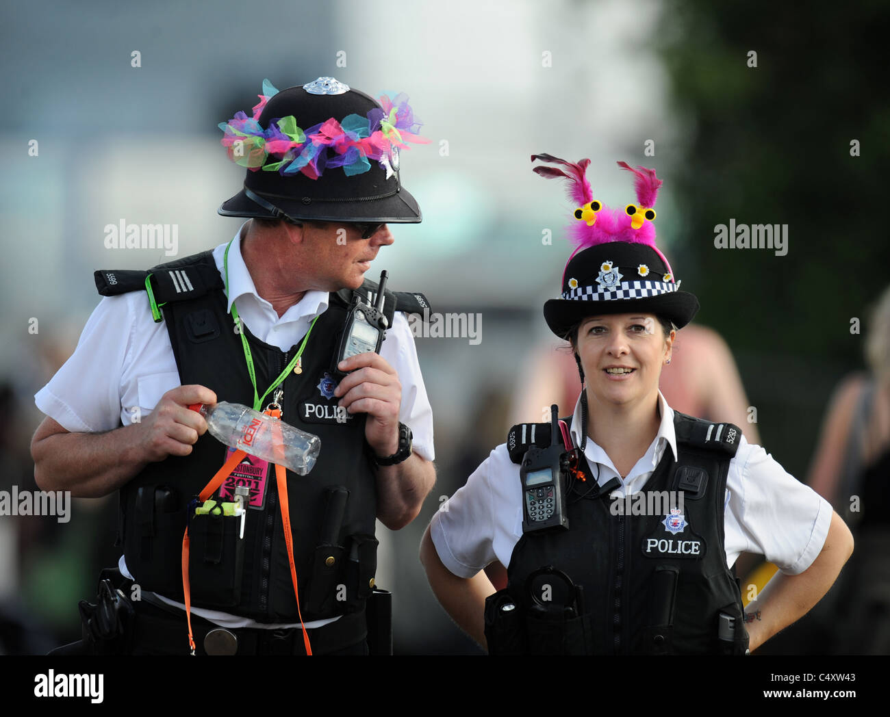 A  police patrol in the party mood at the Glastonbury Festival 2011 Stock Photo