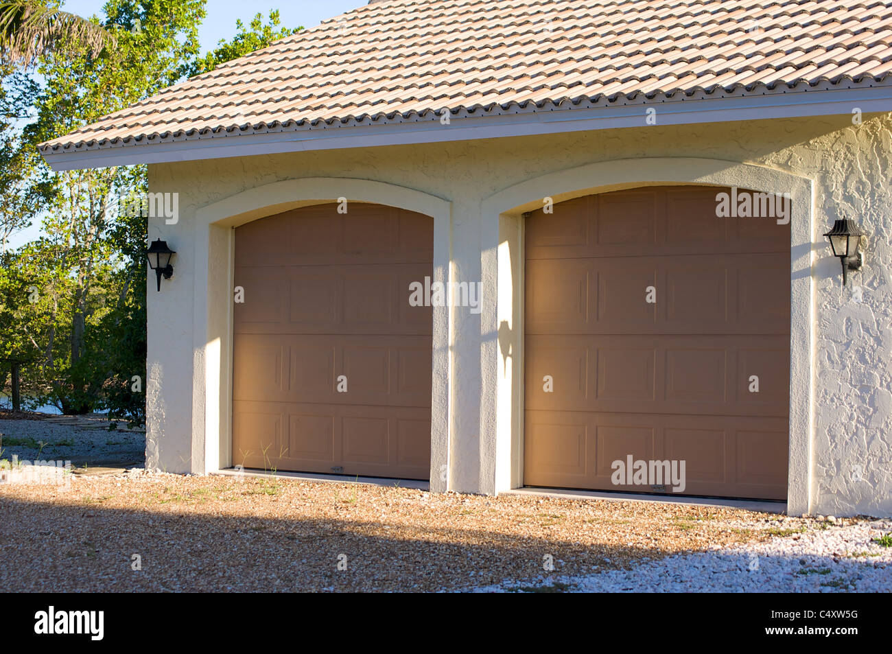 View of exterior of modern two car garage with doors closed in florida
