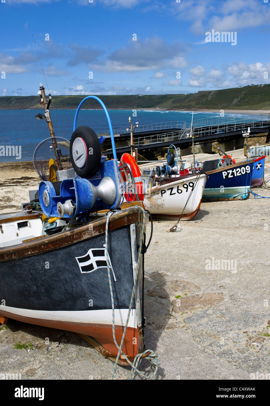 Fishing boats drawn up on the slipway in Sennen in Cornwall Stock Photo ...