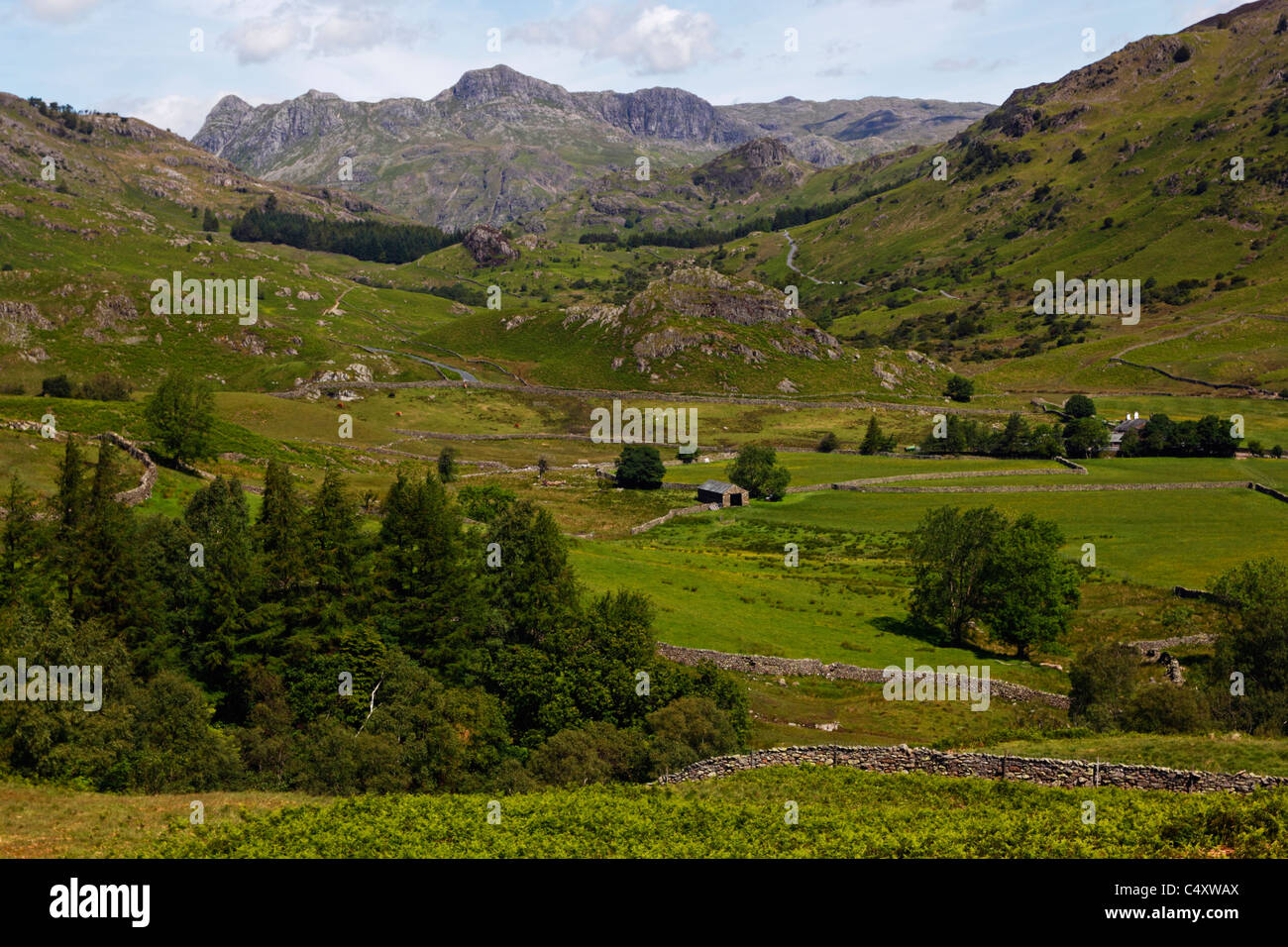 The Langdale Pikes from the old mine road to Greenburn Valley, near Coniston in the Lake District National Park, Cumbria. Stock Photo