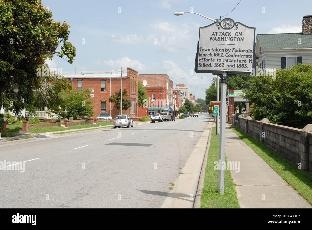 Main Street Washington, NC with Civil War Historic Marker Stock Photo