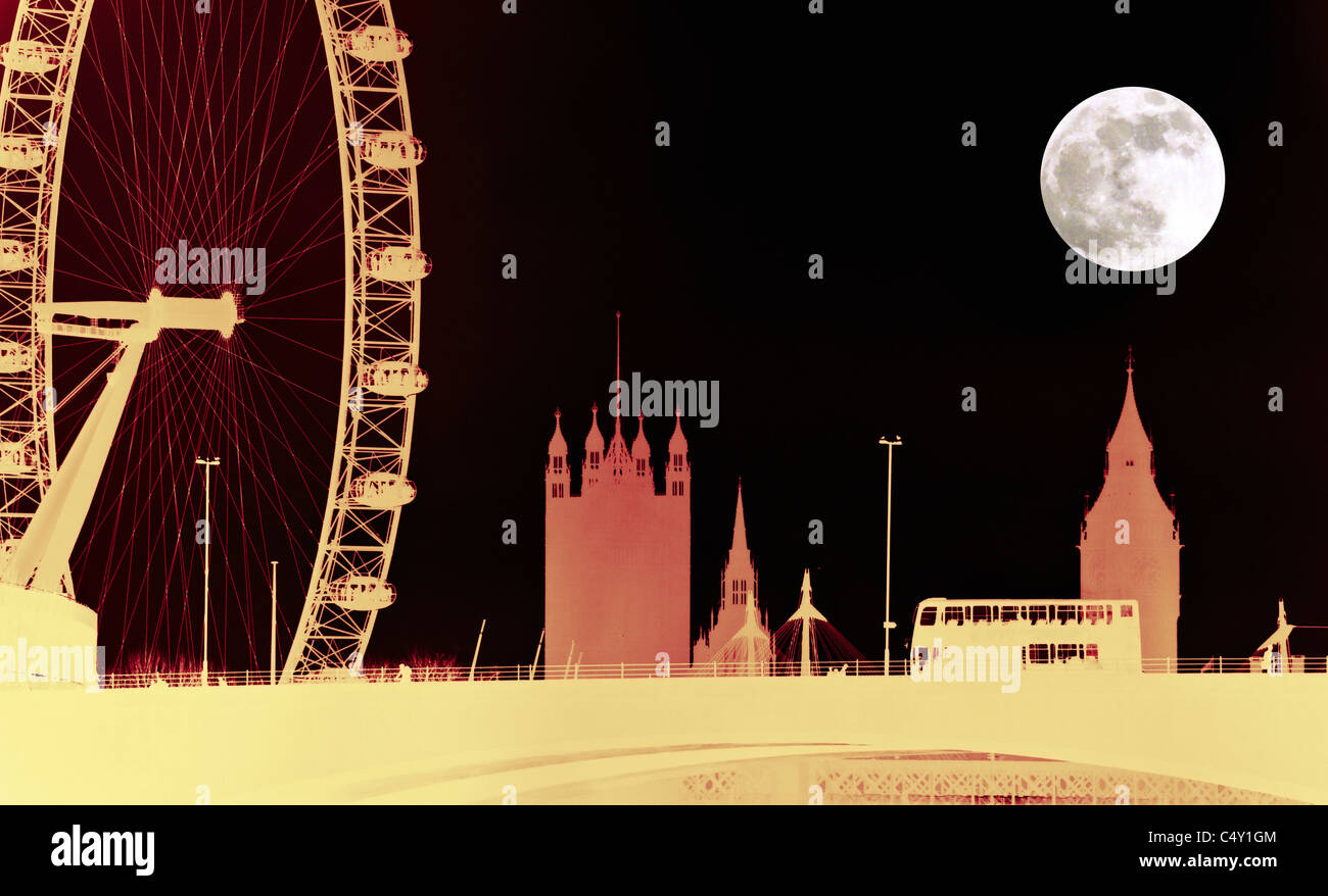 London skyline with Eye, Big Ben, Westminster Abbey and London bus. Image inverted to give night effect with superimposed moon. Stock Photo