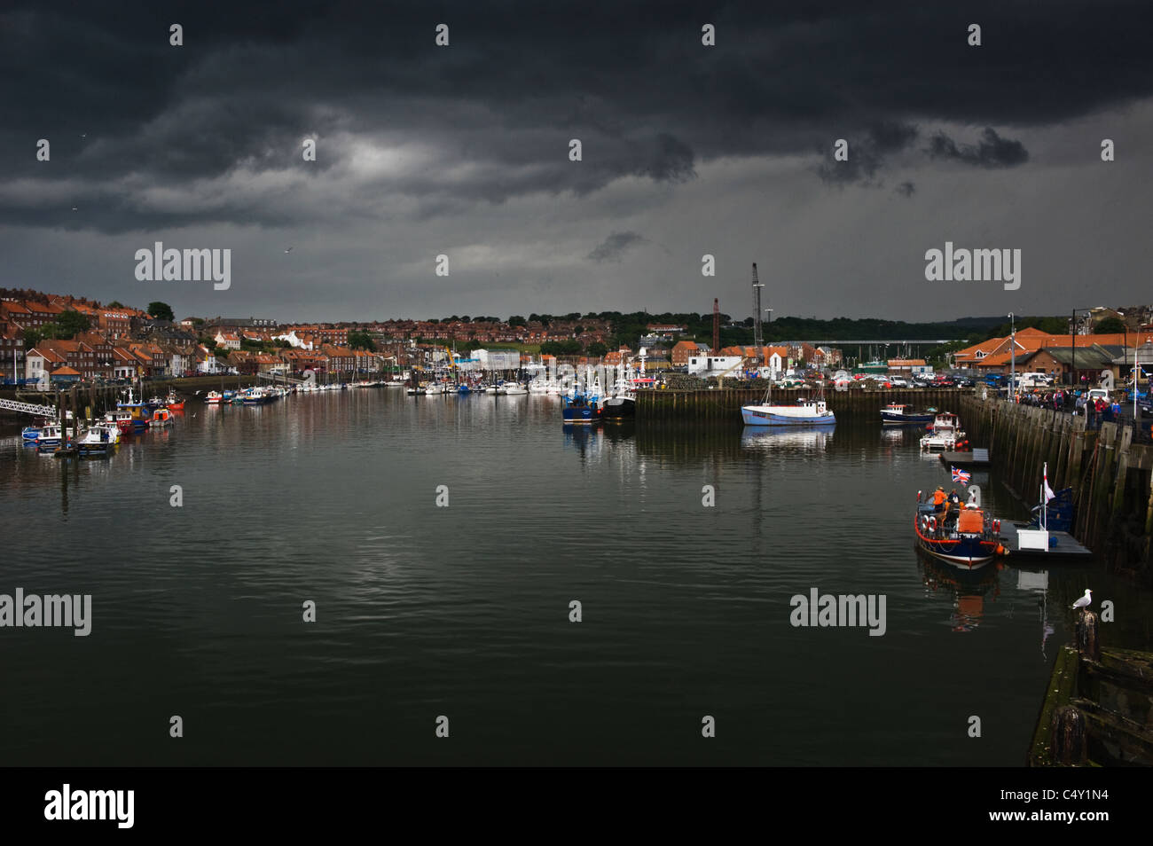 The harbour at Whitby, Yorkshire, UK prior to a summer thunderstorm. Stock Photo
