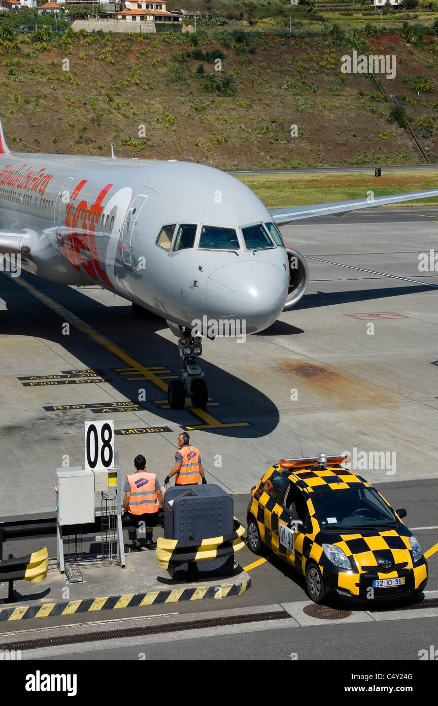 Jet2 plane planes airplane aircraft parked at Funchal airport Madeira Portugal EU Europe Stock Photo