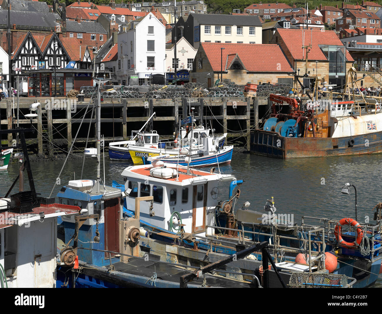 Fishing boat boats moored in Scarborough Harbour North Yorkshire England UK United Kingdom GB Great Britain Stock Photo