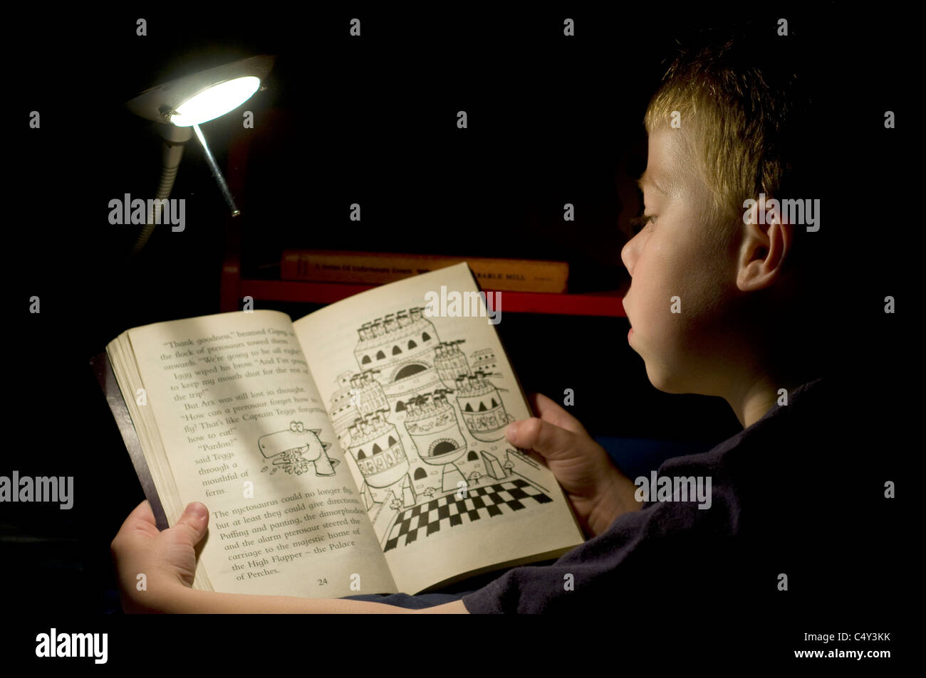 Book at Bedtime a seven year old boy reading a book in his bed using a