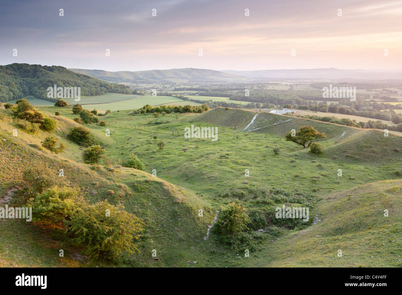 The view across the Low Weald from Wolstonbury Hill. South Downs National Park, West Sussex, England, UK Stock Photo