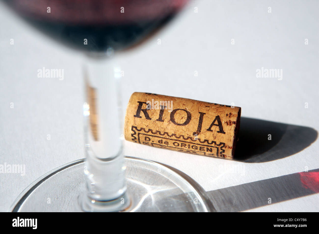 Cork and glass of Rioja wine Stock Photo