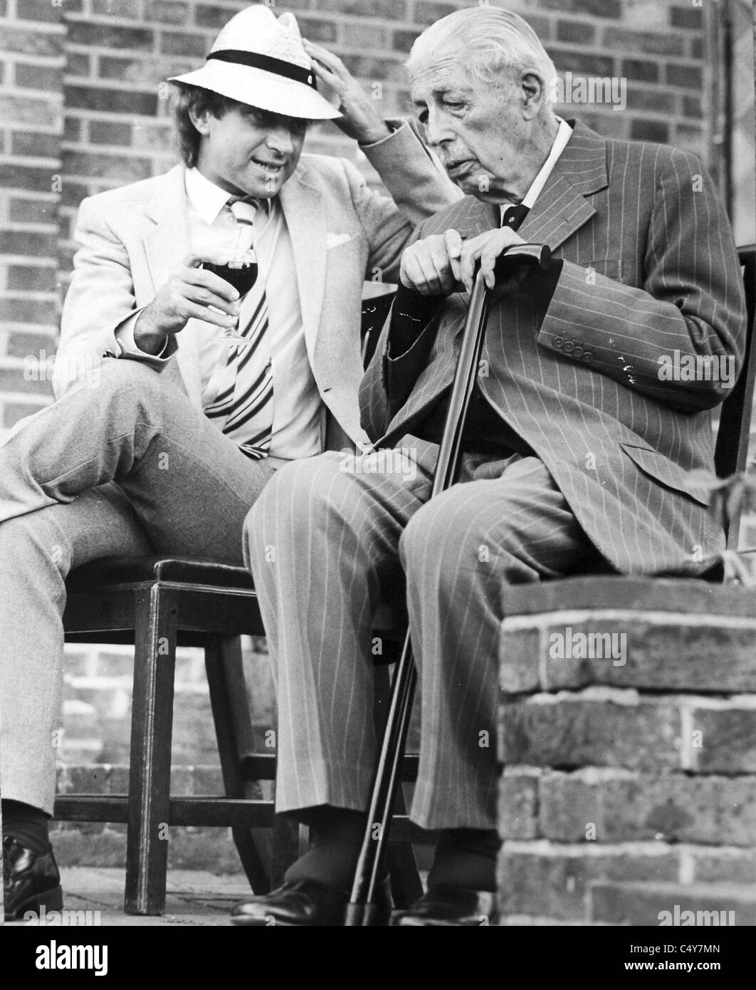 Former prime minister Harold Macmillan (now deceased) with MP Michael Fabricant at a garden party in Sussex - 1985 Stock Photo