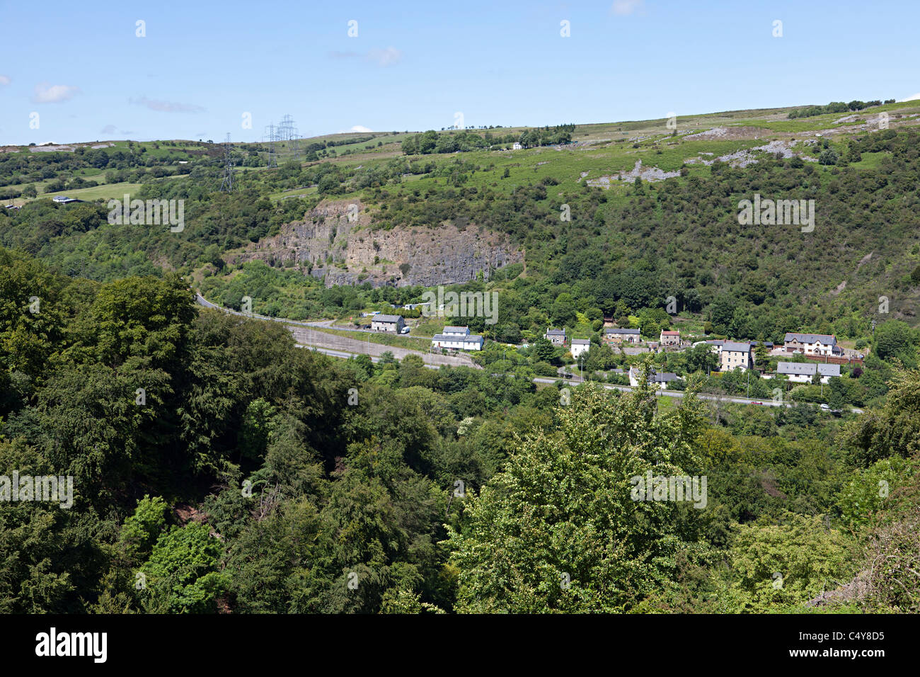 Blackrock village in the Clydach Gorge with the Heads of the Valleys road Wales UK Stock Photo
