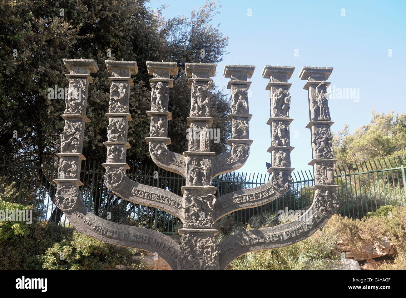 Israel, Jerusalem, The Menorah sculpture by Benno Elkan at the entrance to the knesset, the Israeli parliament, Stock Photo