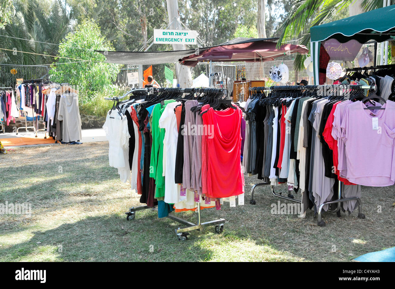 Outdoor clothes market at a fair Stock Photo