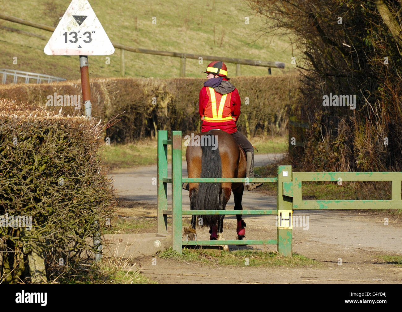 rear view of horse and rider safety gear passing height sign and passing through an animal gate Stock Photo