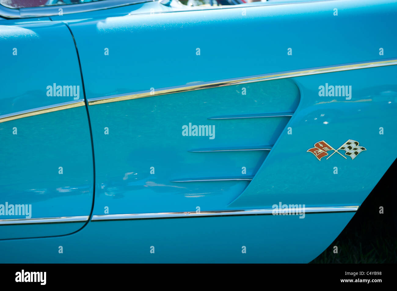 Blue Classic 1960 Chevrolet Corvette close up of front wing with badge Stock Photo