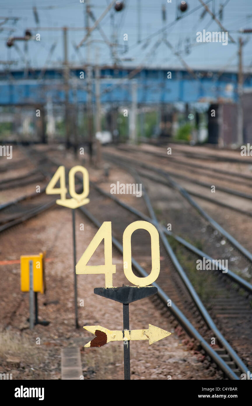 Railway speed limit signs showing 40 miles per hour, England Stock Photo Alamy