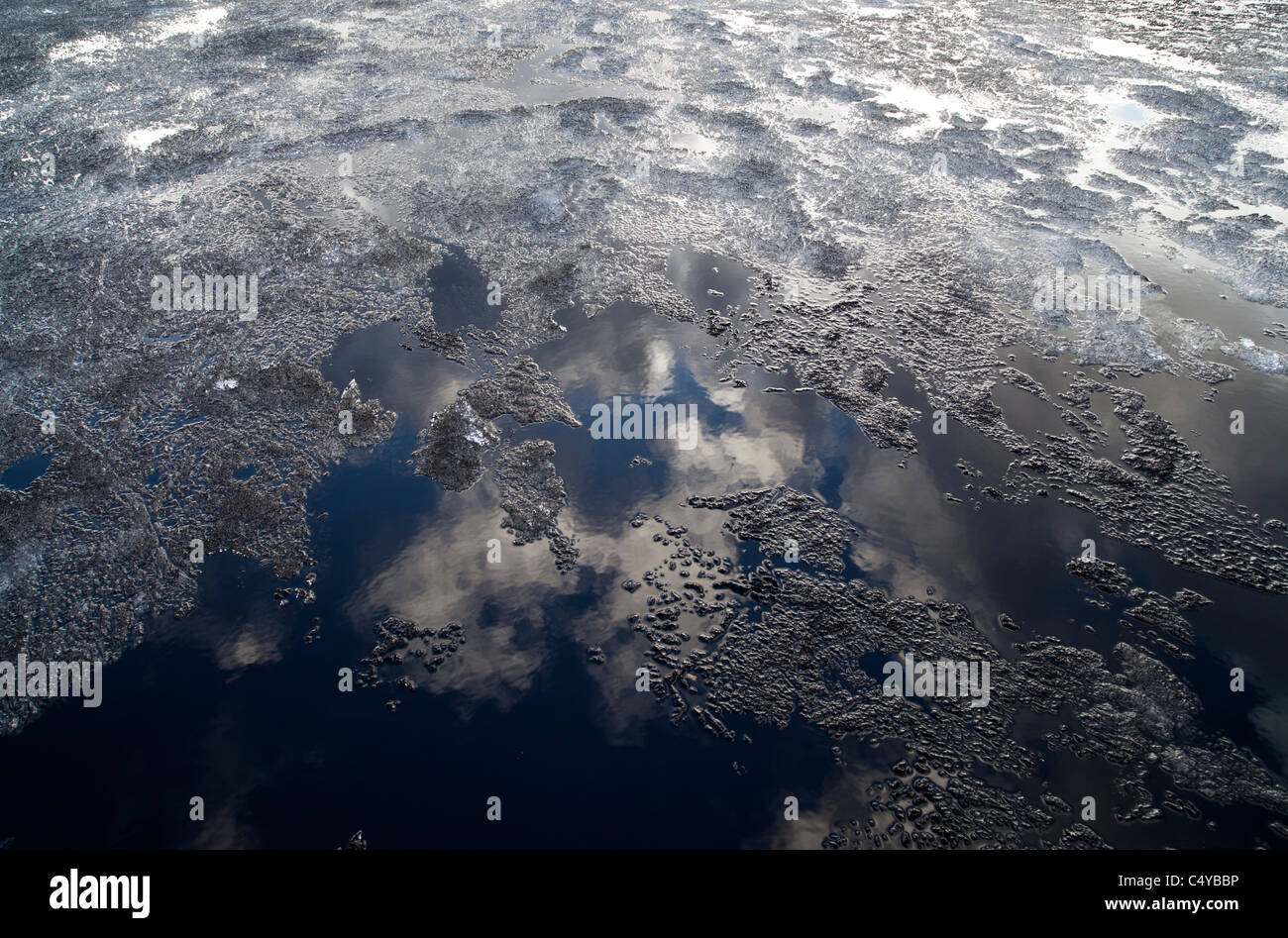 Thin layer of melting ice on black water surface , Finland Stock Photo ...