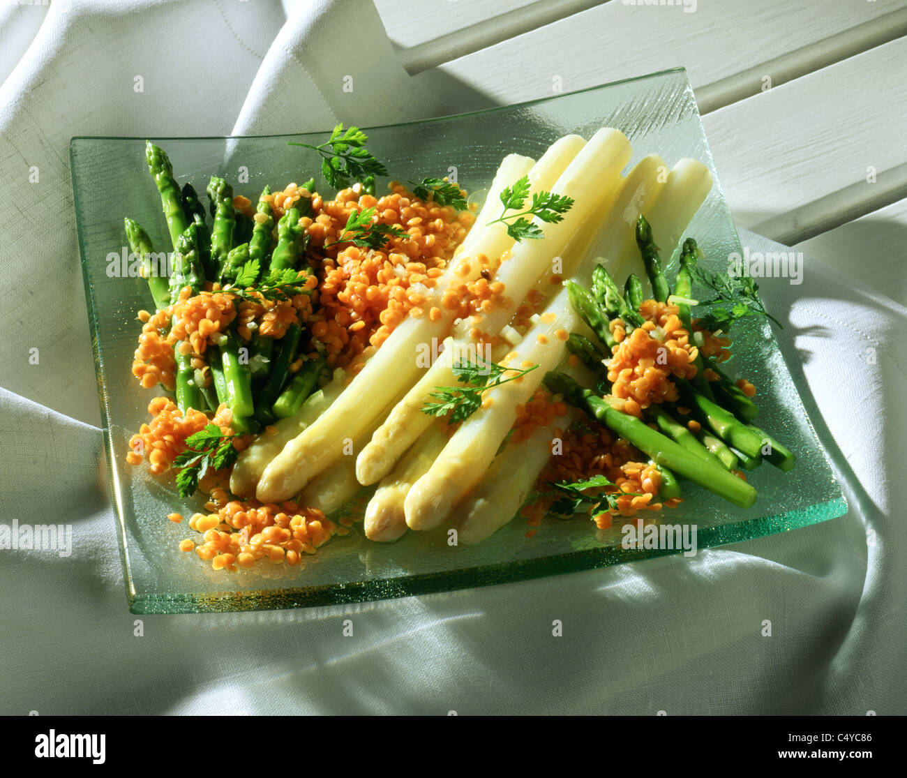 Asparagus salad with red lentils Stock Photo