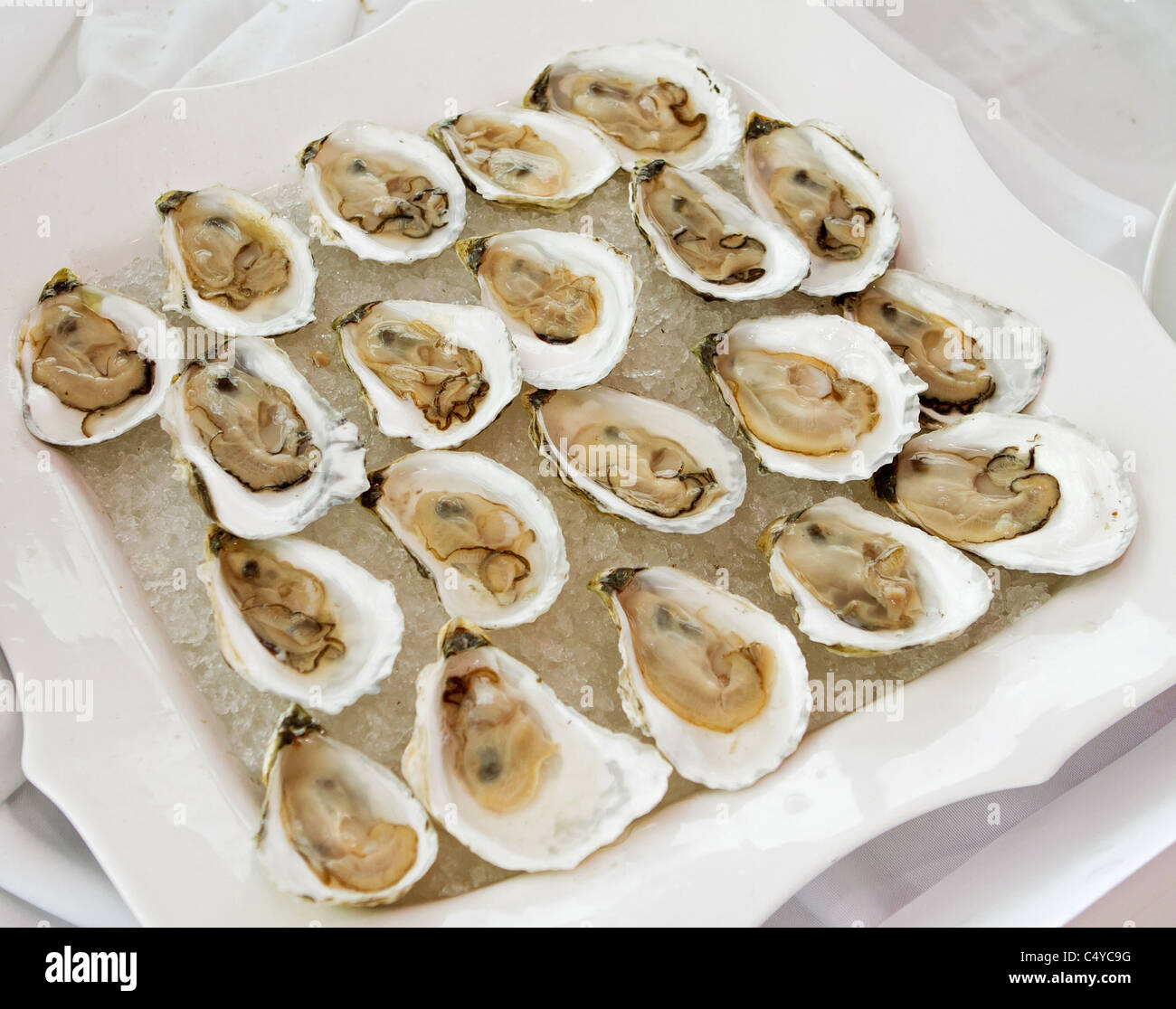 group of oysters on a half shell Stock Photo Alamy