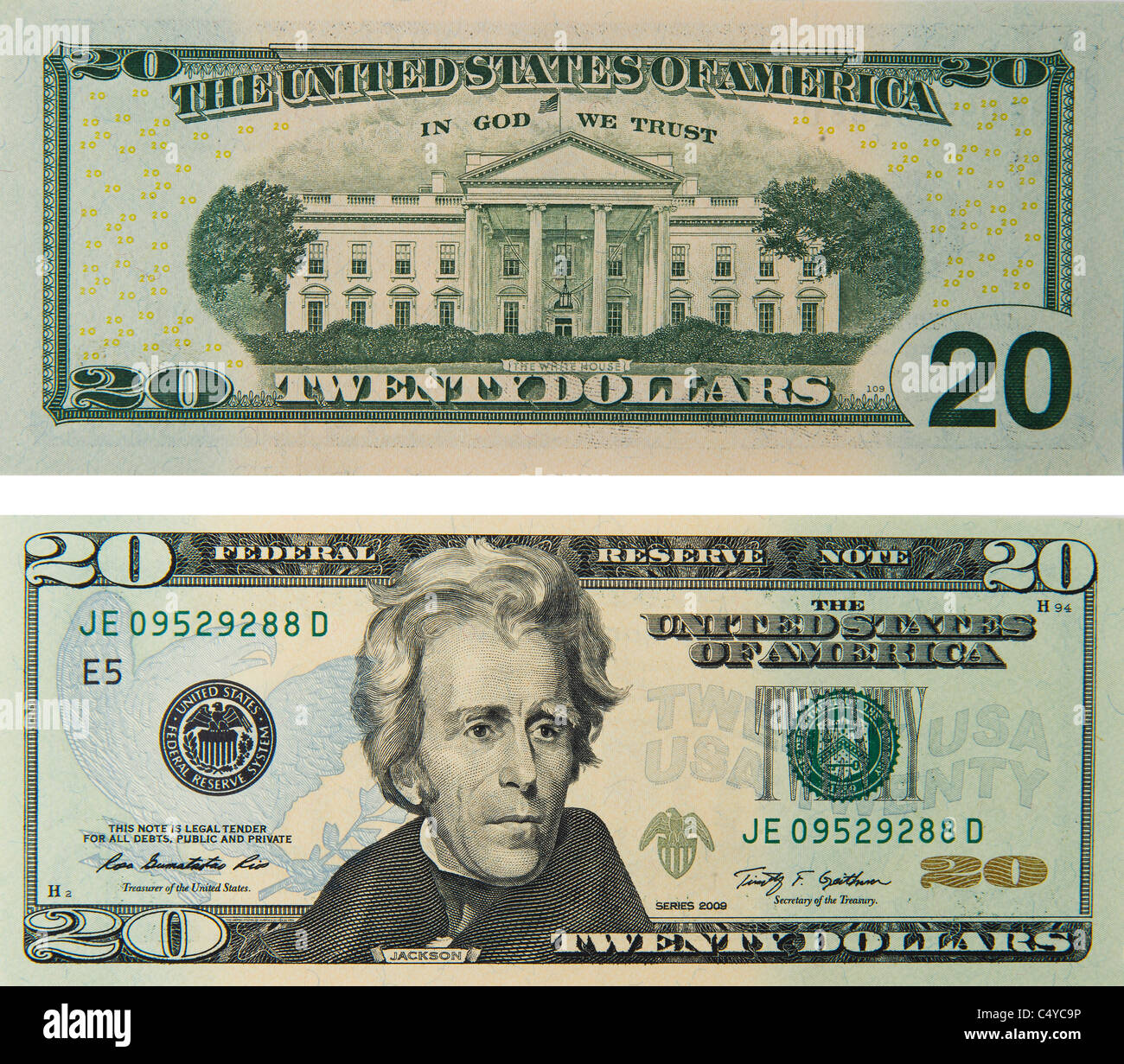 20 twenty dollar bill note bill's note's dollars Stock Photo