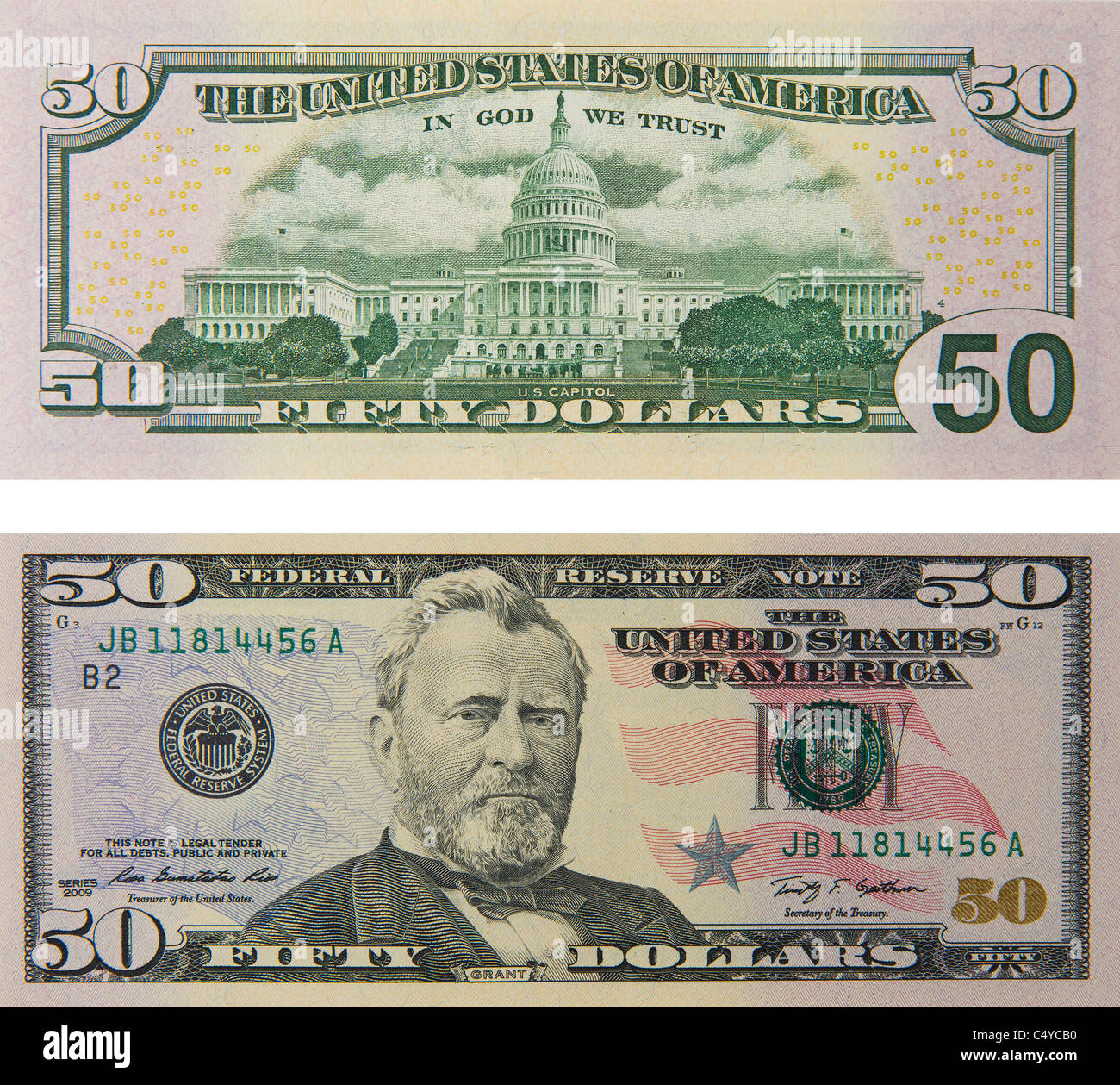 back side of 50 dollar bill, American money close-up with portrait