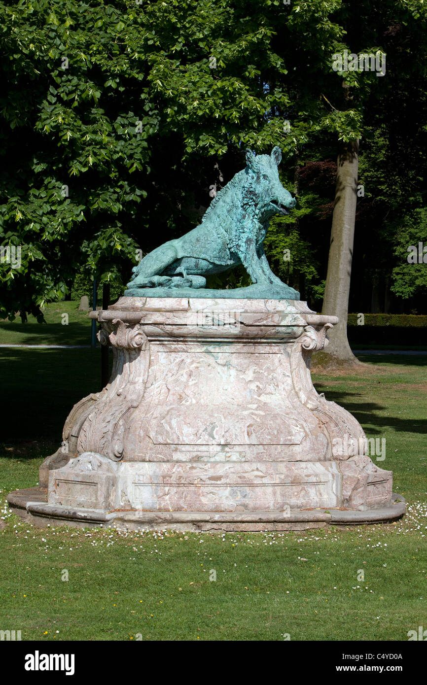 a bronze boar sculpture in the park of Enghien, Province of Hainaut, Wallonia, Belgium, Europe; Stock Photo