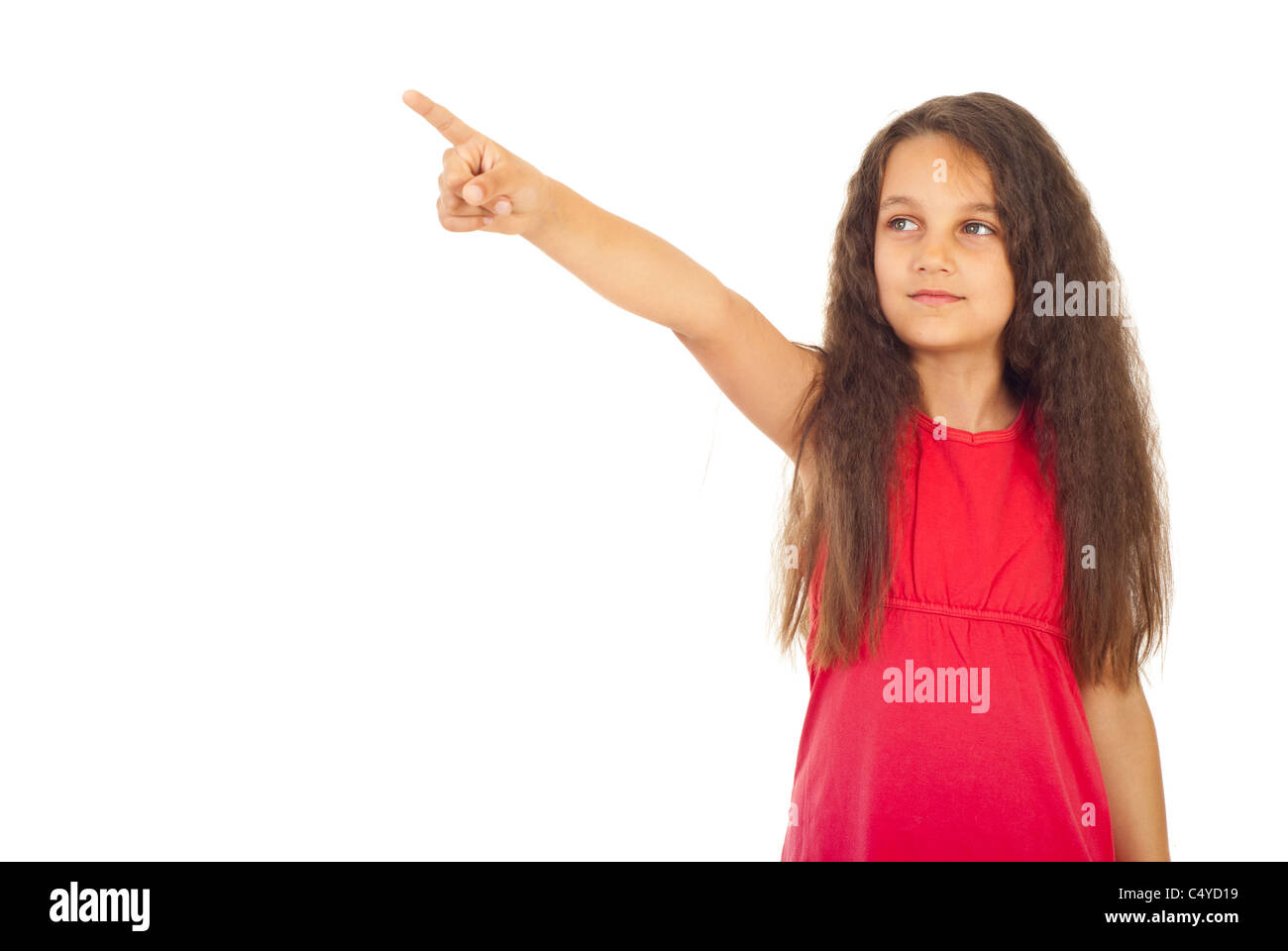 Beauty girl pointing and looking away isolated on white background Stock Photo