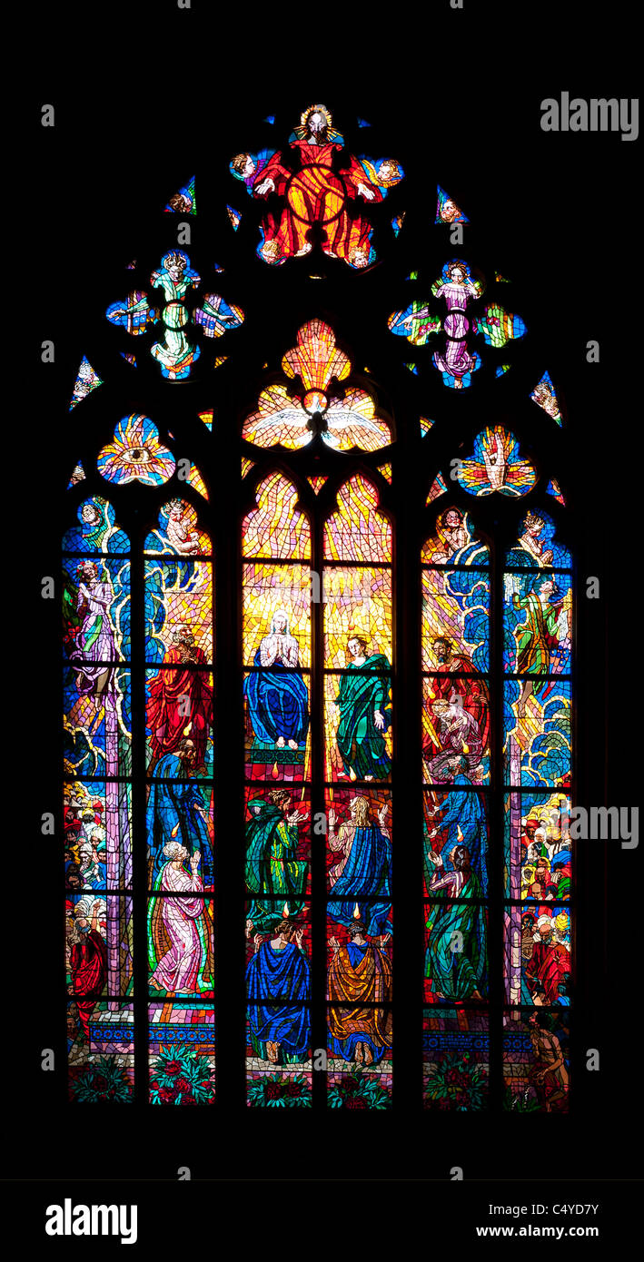 Prague - Gothic coloured window at St. Vitus Cathedral Stock Photo