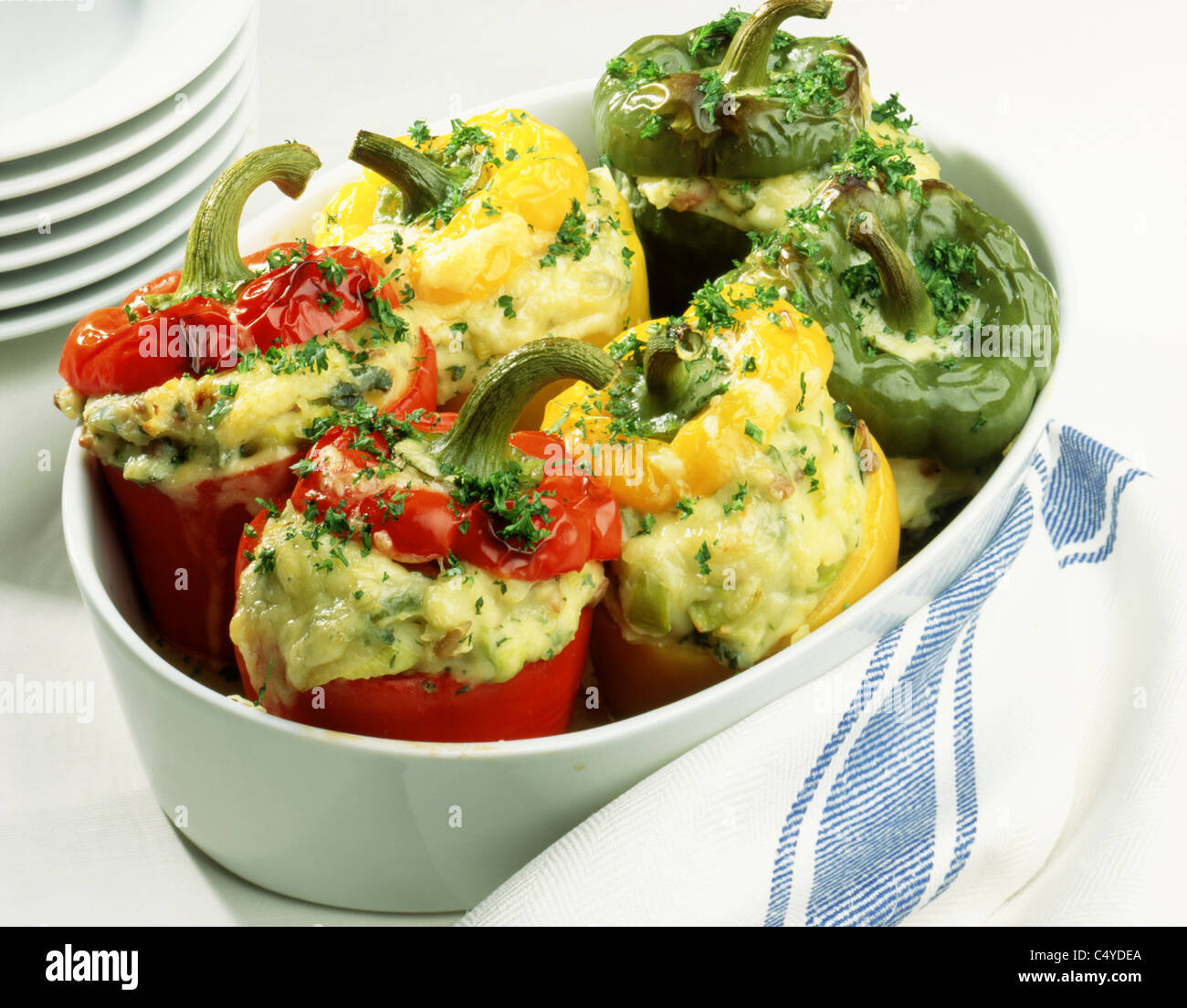 Filled sweet pepper pods with cheese - potato purree Stock Photo - Alamy