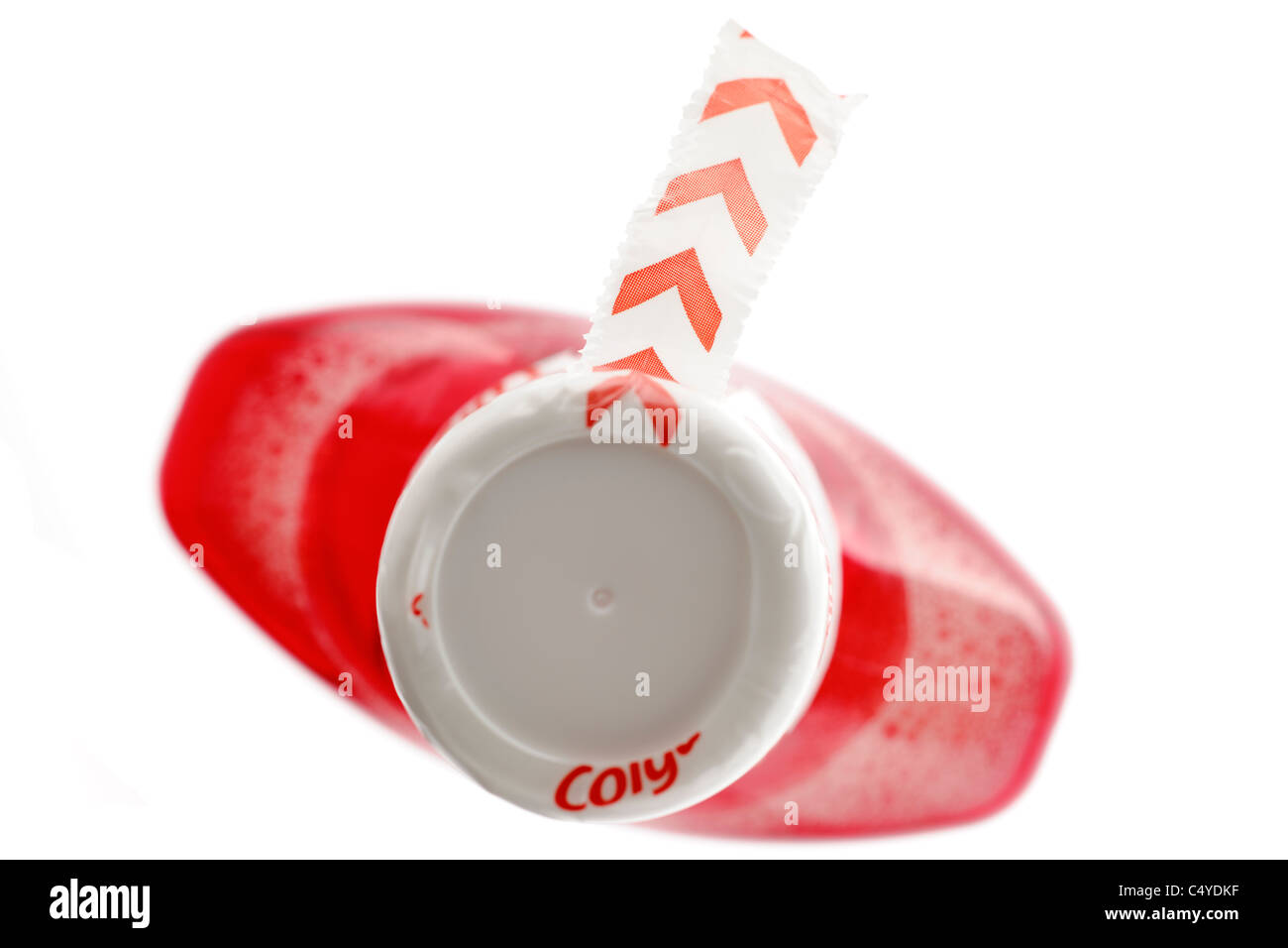 Broken seal on the top of bottle of red mouthwash Stock Photo Alamy