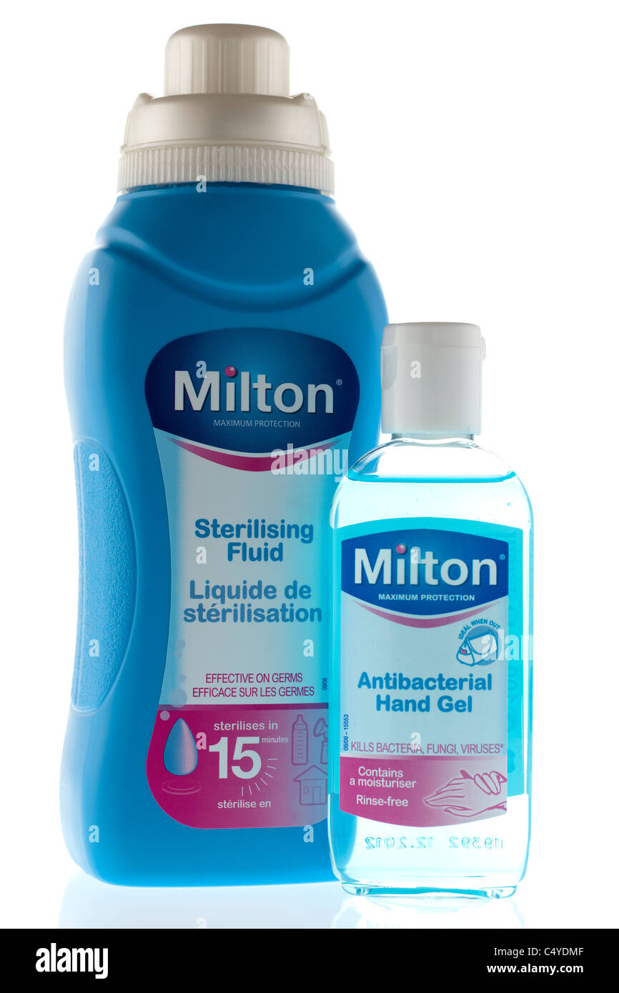 Two Milton products Sterilising fluid and antibacterial rinse free hand gel Stock Photo