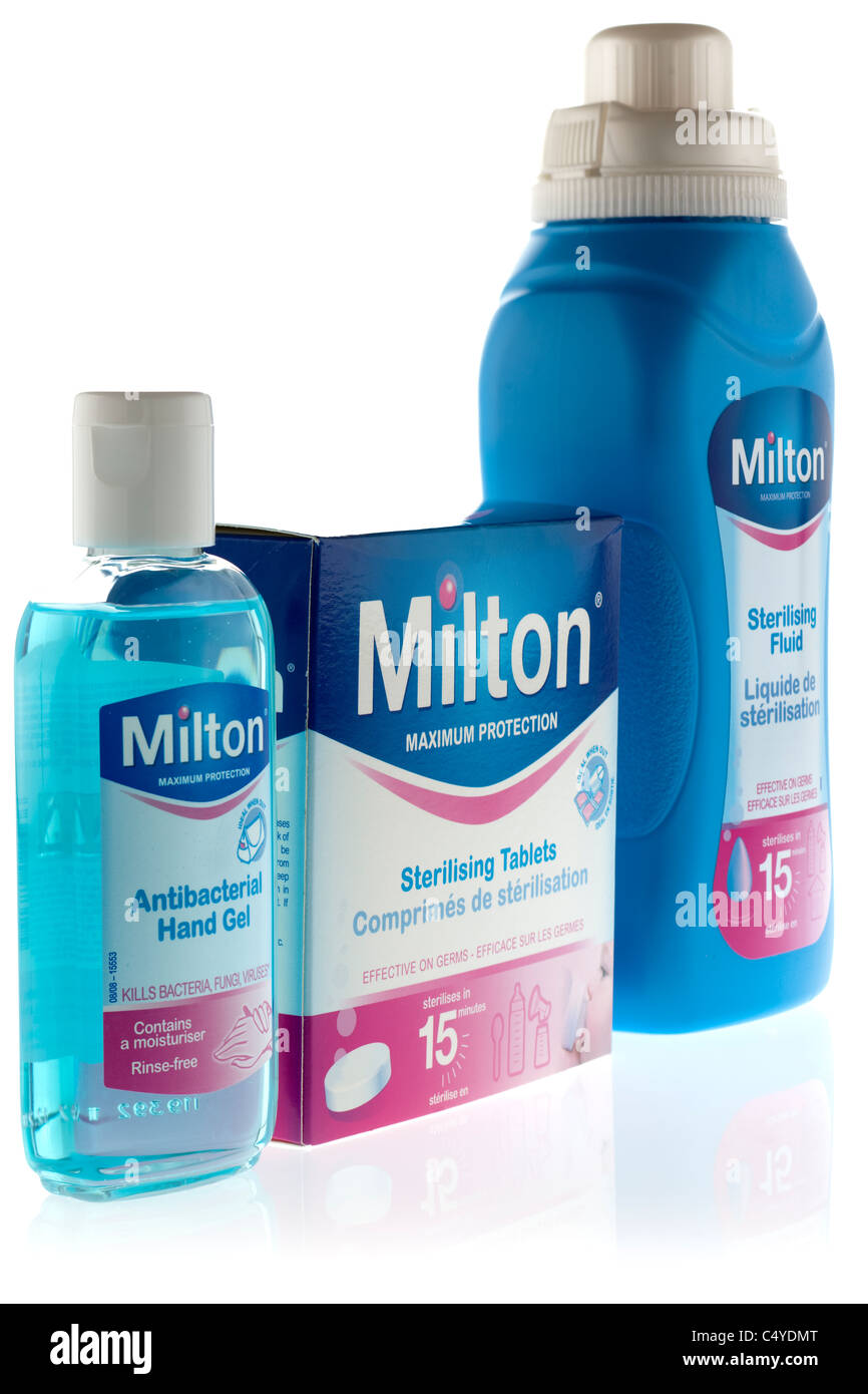 Three Milton products Sterilising fluid and antibacterial rinse free hand gel and sterilising tablets Stock Photo