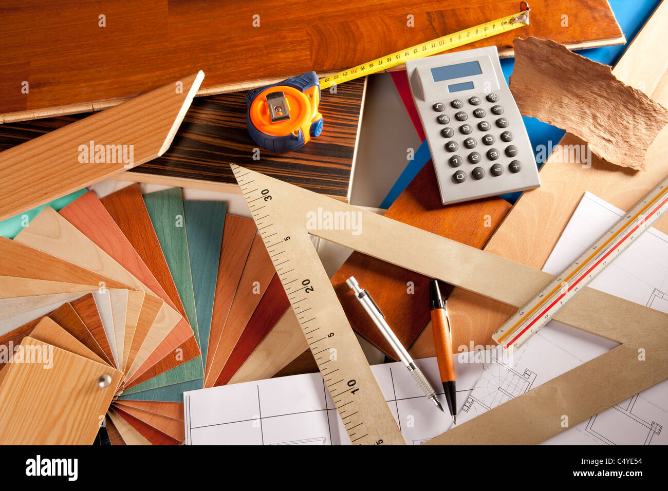 Architect interior designer or carpenter workplace with desk design tools Stock Photo