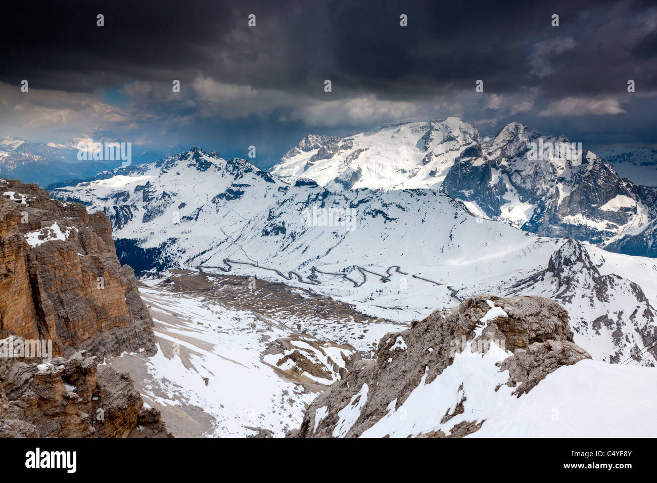 Passo Pordoi from Sass Pordoi towards Marmolada, Gruppo di Sella, Sella