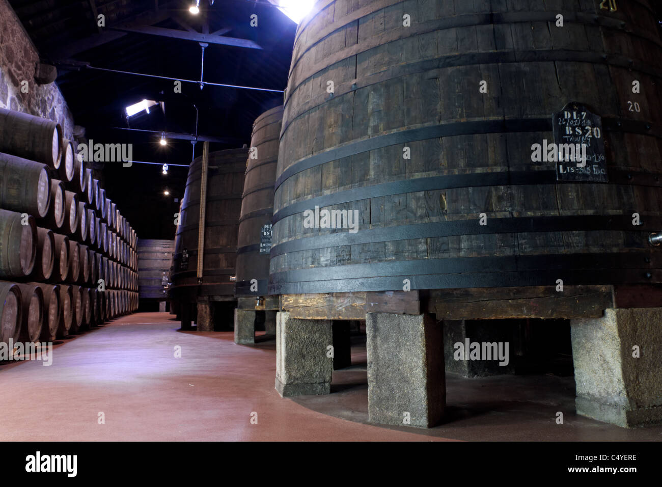 wooden casks of different sizes hold Port fortified wine to mature in