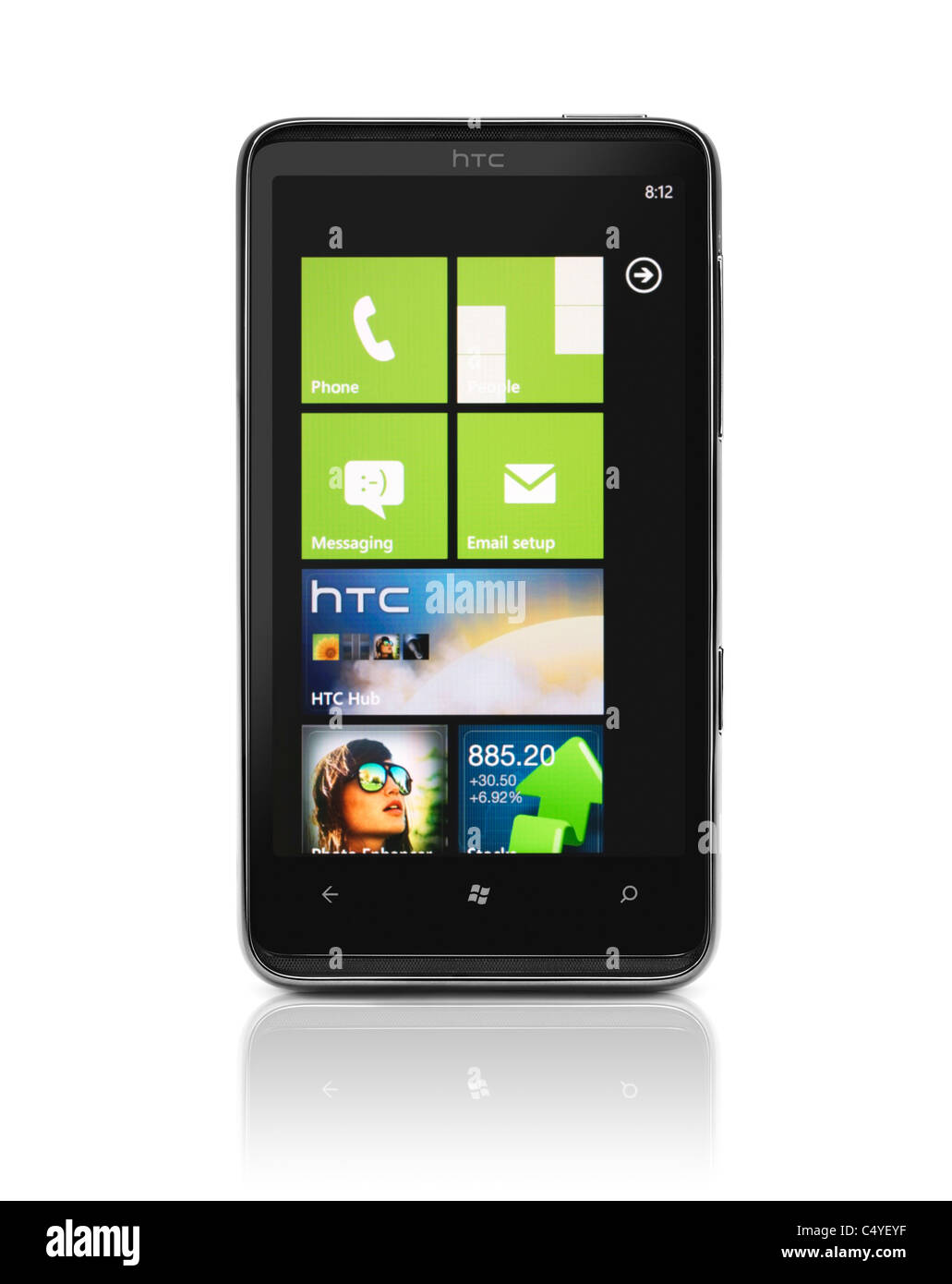HTC HD7 smartphone with desktop tiles on its display isolated on white