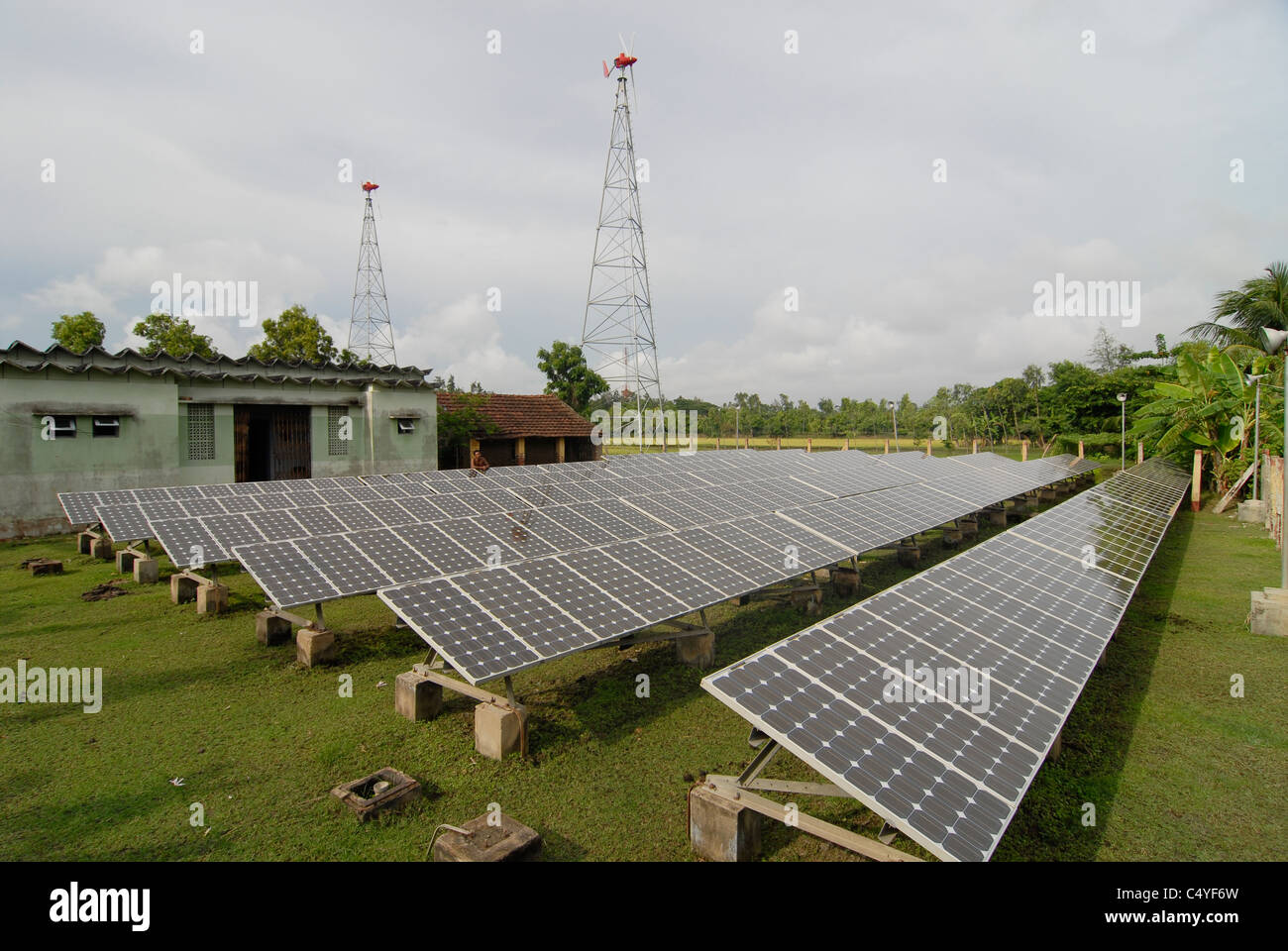 INDIA West Bengal , Sagar Island in Sundarban the delta of Ganga river ,combined wind and solar power station as off-grid system Stock Photo