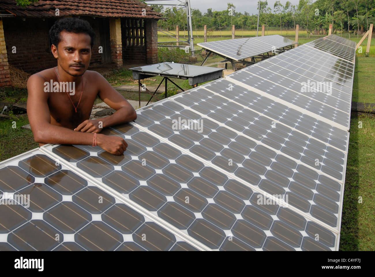 INDIA West Bengal , Sagar Island in Sundarban the delta of Ganga river , solar power station as off-grid system Stock Photo