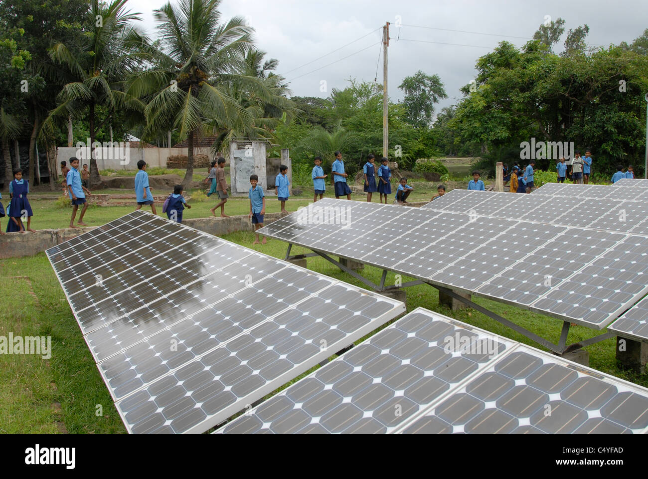 INDIA West Bengal , Sagar Island in Sundarban the delta of Ganga river , solar power station as off-grid system Stock Photo