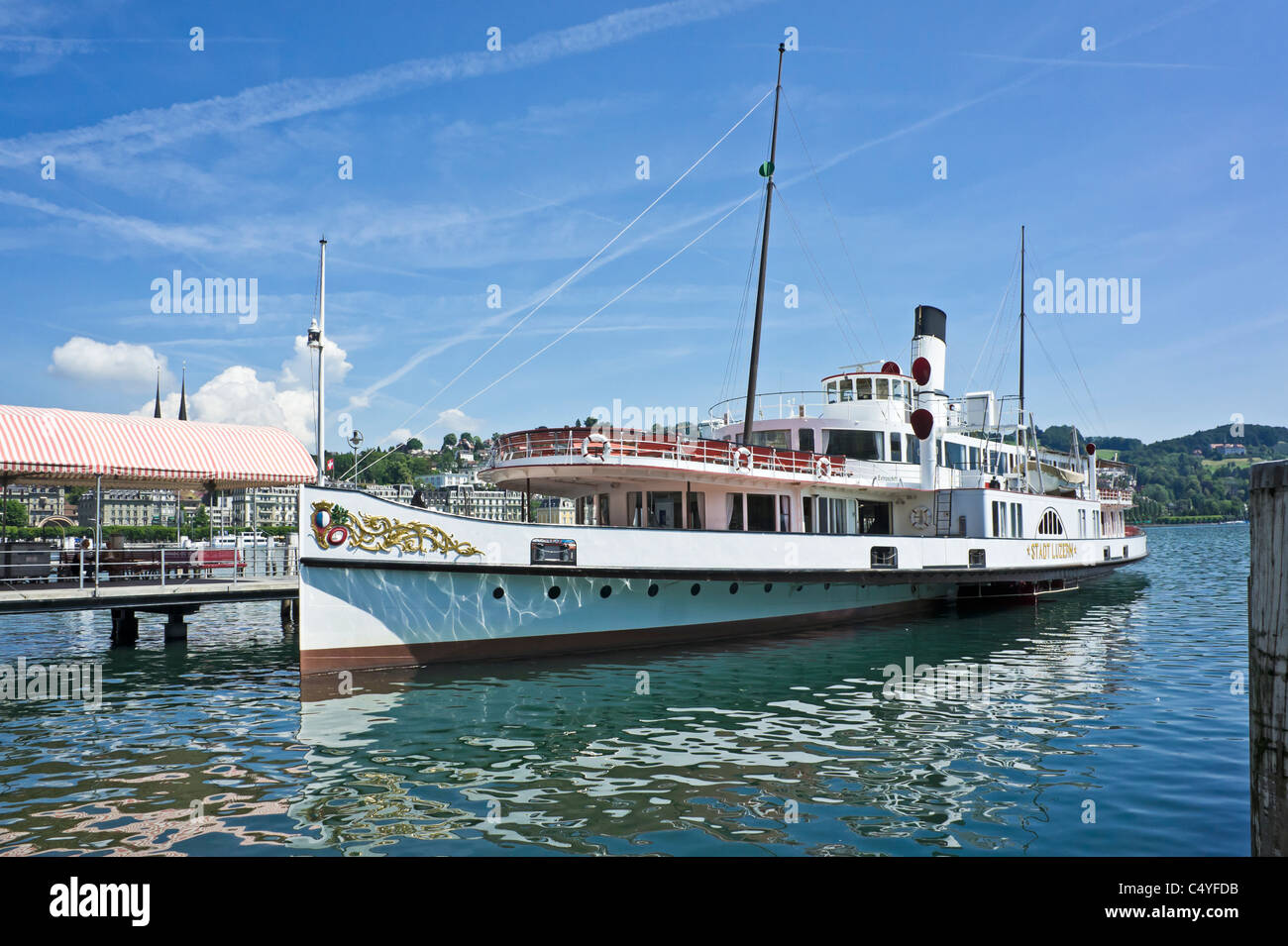 Swiss paddle steamer Stadt Luzern moored at pier in Lucerne on the Lake Lucerne awaiging passengers Stock Photo