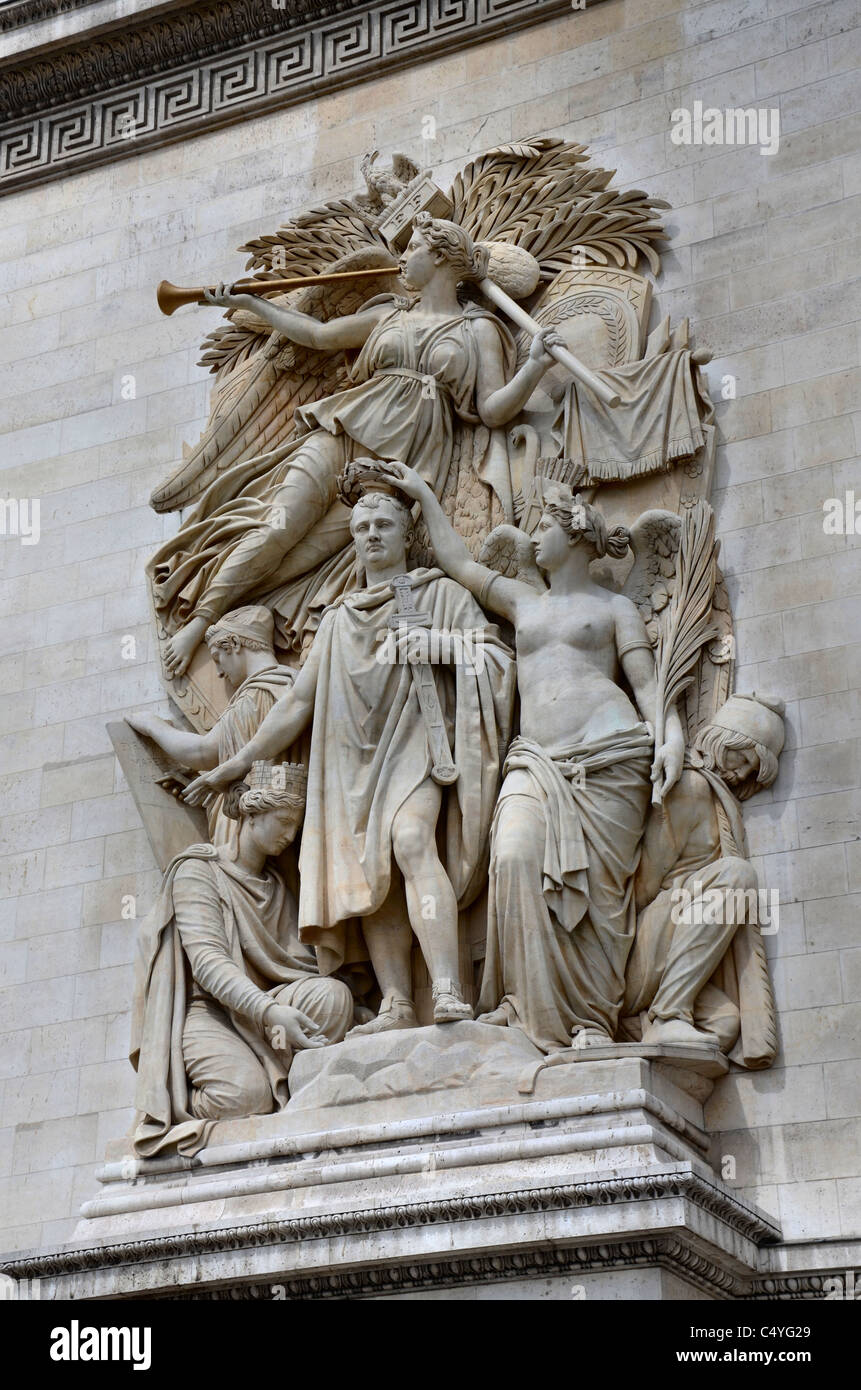 Le Triomphe de 1810, by Jean-Pierre Cortot forms part of the Arc de Triomphe on the Champs Elysees in Paris, France. Stock Photo