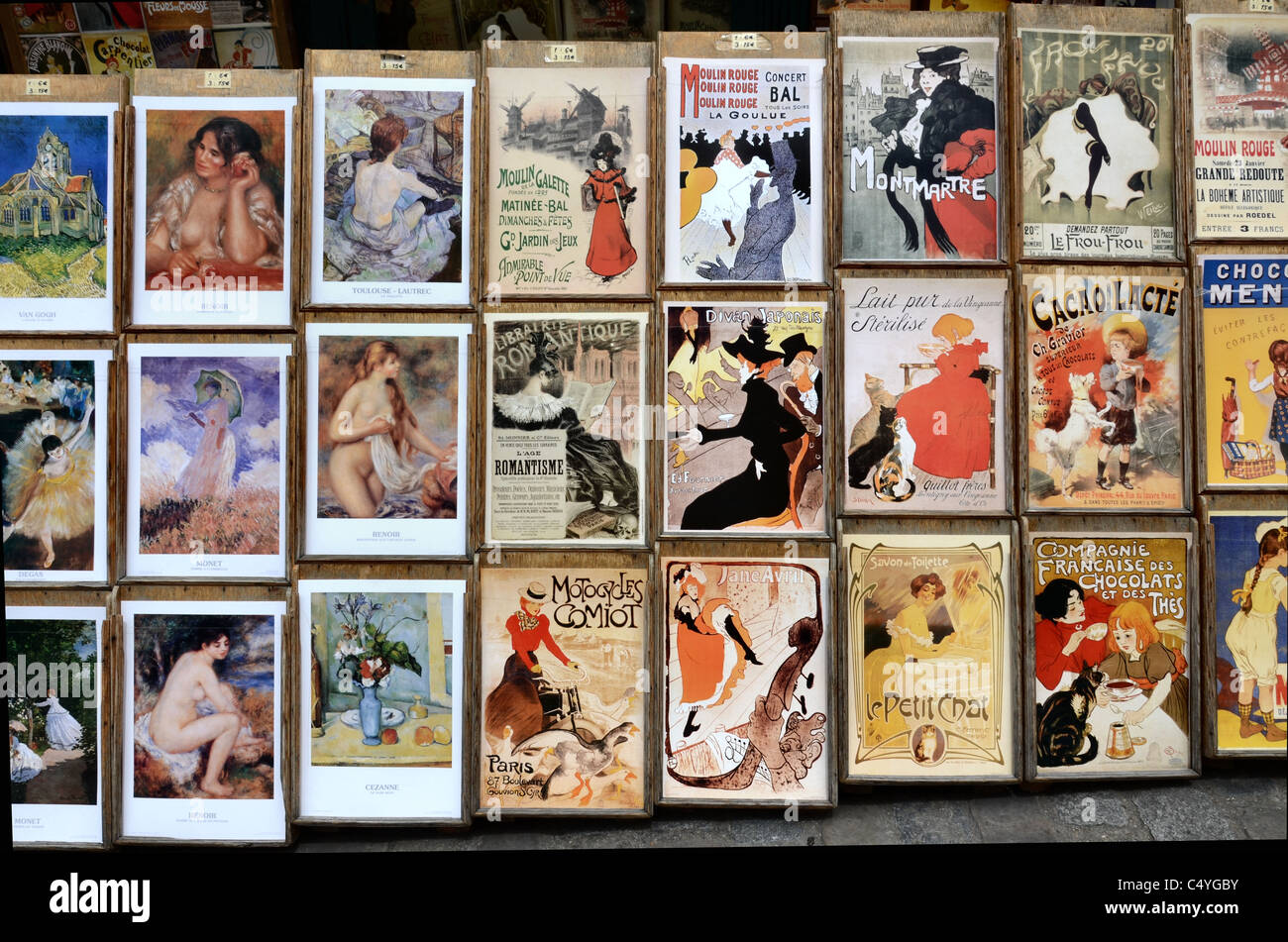 Reproductions of Impressionist art and advertising posters on sale in Montmartre, Paris. Stock Photo