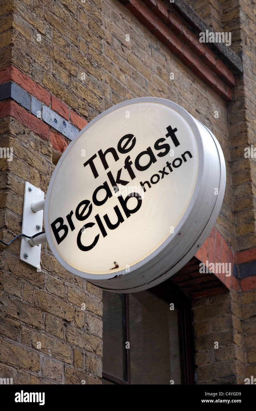 Breakfast Club Restaurant Sign near Hoxton Square in Shoreditch, London Stock Photo