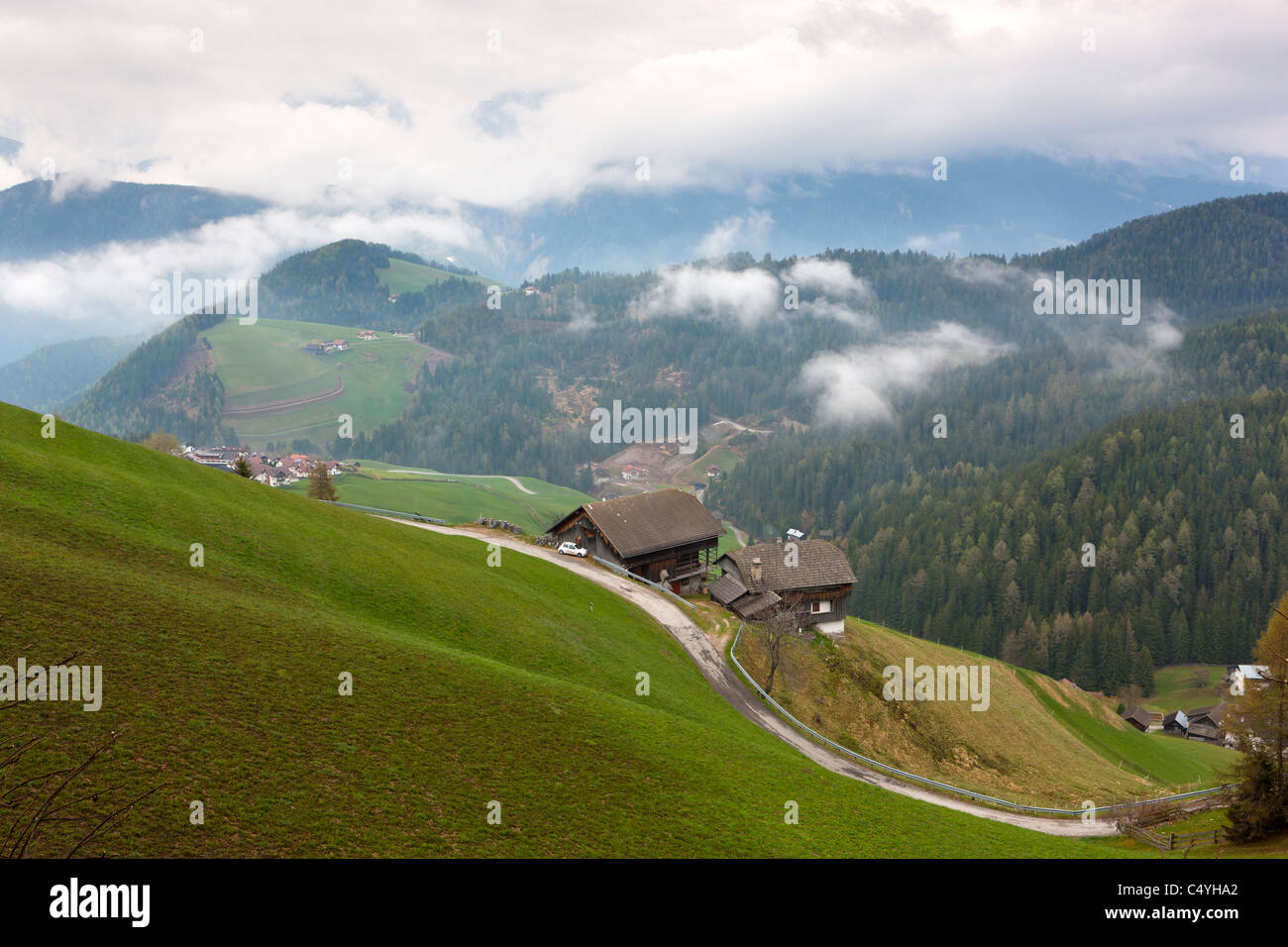 View above Val Badia towards Kronplatz Plan de Corones, San Martino In Badia, Trentino-Alto Adige, Dolomites, South Tyrol, Italy Stock Photo