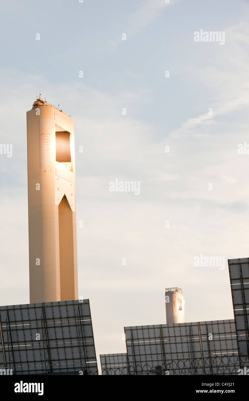 Heliostats, large reflective mirrors directing sunlight to the PS20