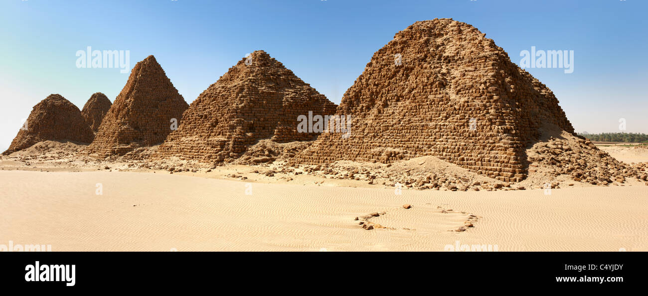 The Pyramids at Nuri Panorama, Northern Sudan, Africa Stock Photo