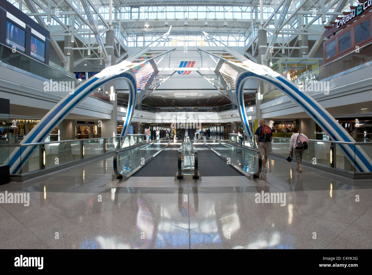 Artistic structures inside the Denver Airport delight travelers as they